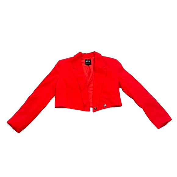 Zara Coral Red Linen Blend Cropped Blazer Jacket | Size S | Tomato Girl - Picture 5 of 9